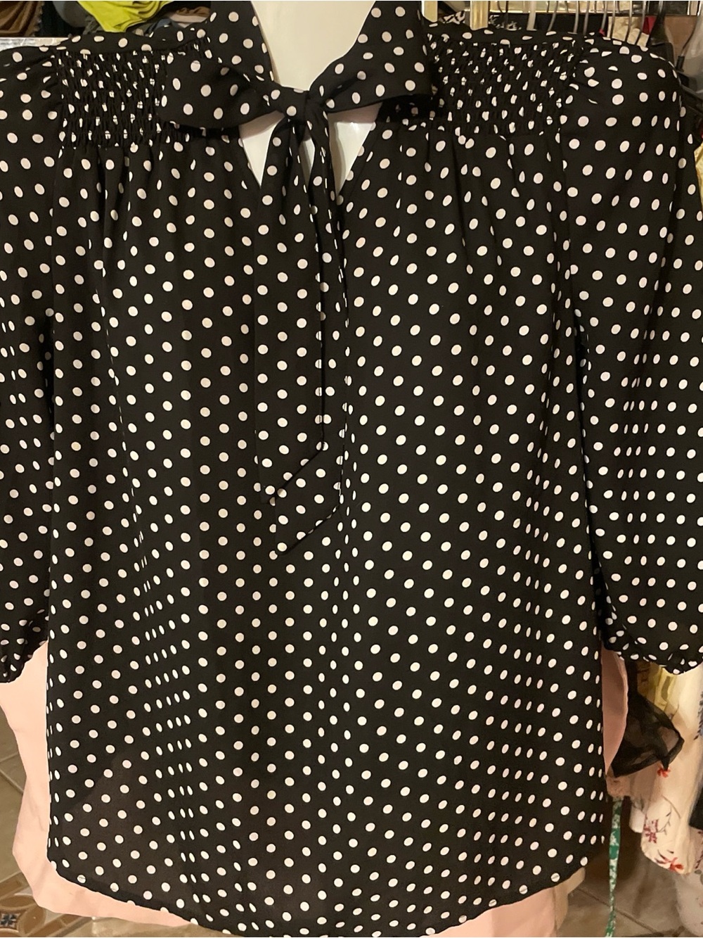 Polka Dot Tie-Neck Blouse in Black and White